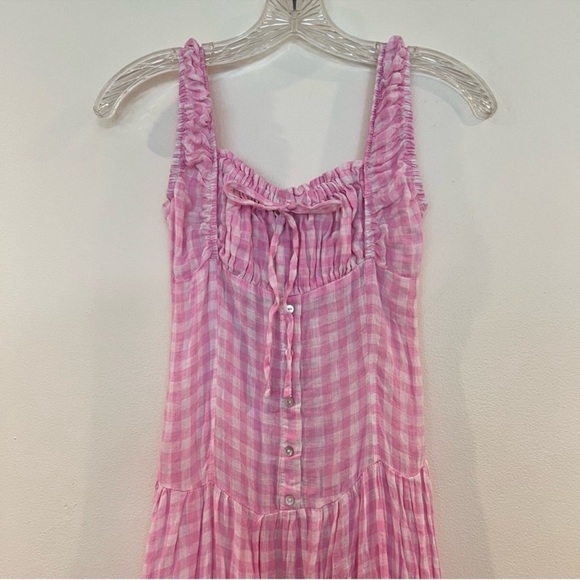 Frankie's Bikinis Christabelle 100% Linen Pink Gingham Smocked Maxi Dress Large - Picture 4 of 10